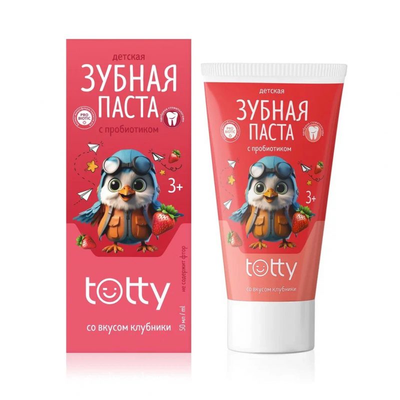 Детская зубная паста TOTTY с пробиотиком со вкусом клубники 3+, 50 мл